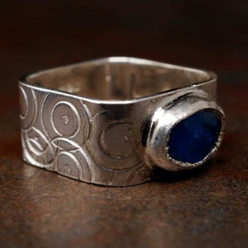 Handcrafted Contemporary Neon Blue Apatite Sterling Silver Patterned Wide Square Signet Ring