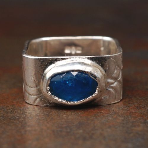 Handcrafted Contemporary Neon Blue Apatite Sterling Silver Patterned Wide Square Signet Ring