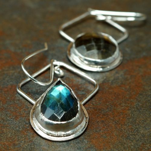 Handcrafted asymmetric sterling silver bezel set faceted round and teardrop Labradorite earrings 03