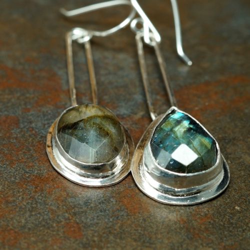 Handcrafted asymmetric sterling silver bezel set faceted oval and teardrop Labradorite earrings 04