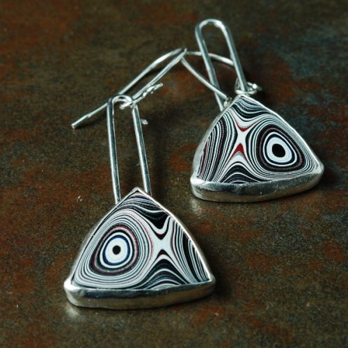 Handcrafted sterling silver bezel set trillion Fordite earrings 01
