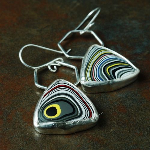 Handcrafted sterling silver bezel set trillion Fordite earrings 02