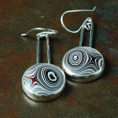 Handcrafted sterling silver bezel set round Fordite earrings 03