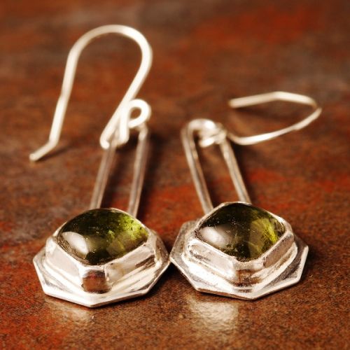 Handcrafted sterling silver bezel set square green tourmaline earrings 02