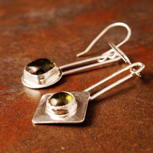 Handcrafted sterling silver bezel set asymmetric square and round green tourmaline earrings 
