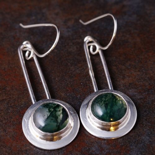 Handcrafted sterling silver round bezel set Moss Agate dangle earrings 01