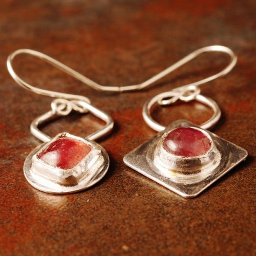 Handcrafted sterling silver bezel set asymmetric square and round pink tourmaline earrings 