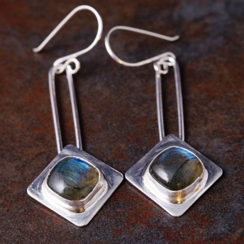Handcrafted sterling silver diamond bezel set square Labradorite dangle earrings 01