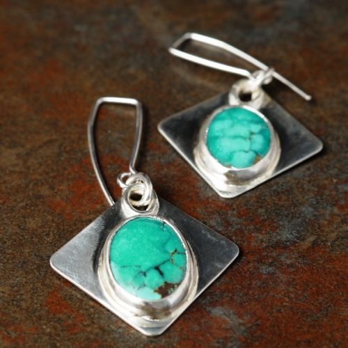 Handcrafted sterling silver bezel set Oval Turquoise dangle earrings 01