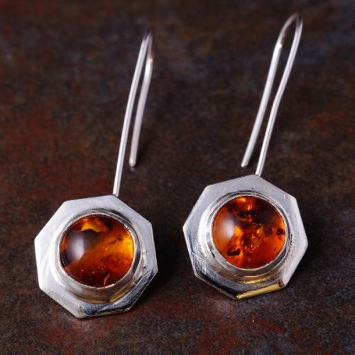 Handcrafted hexagonal sterling silver bezel set Baltic Amber earrings 01