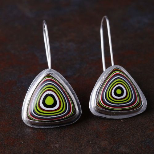 Handcrafted recycled SS Bezel set Trillion Fordite Earrings 04