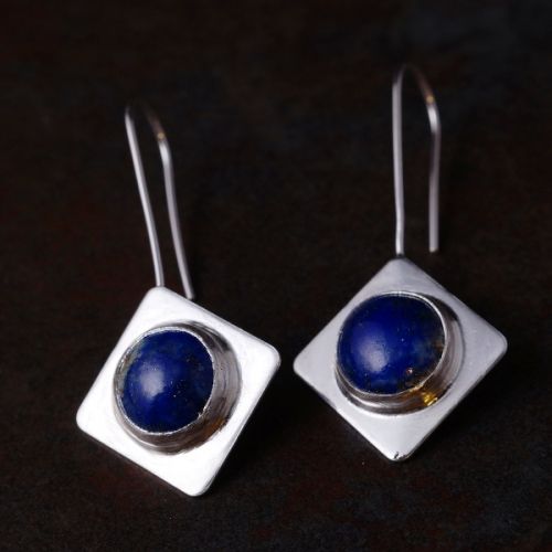 Handcrafted sterling silver diamond bezel set Lapis Lazuli earrings 01