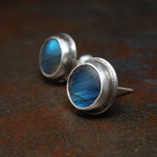 Handcrafted SS Bezel set round blue Labradorite studs 01