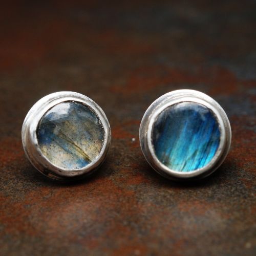 Handcrafted SS Bezel set round blue Labradorite studs 01