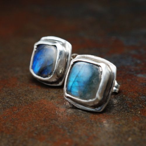 Handcrafted SS Bezel set square blue Labradorite studs 01