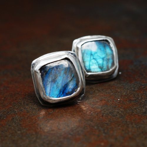Handcrafted SS Bezel set Square blue Labradorite studs 01