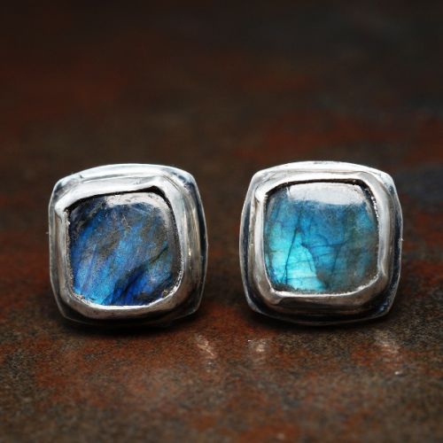 Handcrafted SS Bezel set square blue Labradorite studs 01