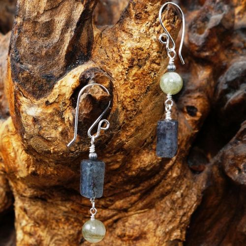 Contemporary handmade sterling silver wire wrapped Green & Blue Kyanite asymmetric dangle earrings 1