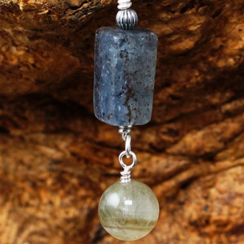 Contemporary handmade sterling silver wire wrapped Green & Blue Kyanite asymmetric dangle earrings 1