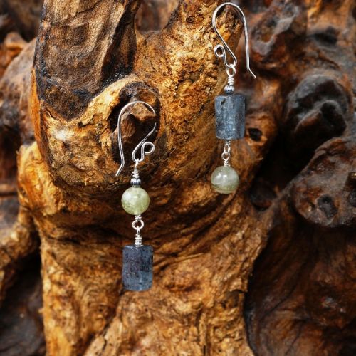 Contemporary handmade sterling silver wire wrapped Green & Blue Kyanite asymmetric dangle earrings 0
