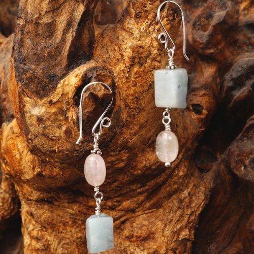 Handmade sterling silver wire wrapped asymmetric Purple Apatite Aquamarine dangle earrings 01