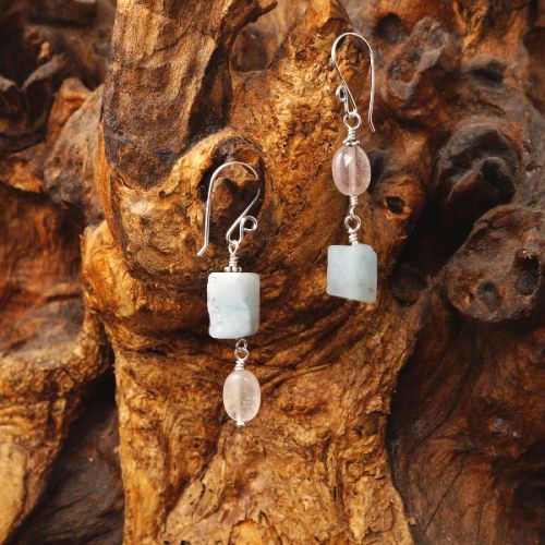 Handmade sterling silver wire wrapped asymmetric Purple Apatite Aquamarine dangle earrings 01