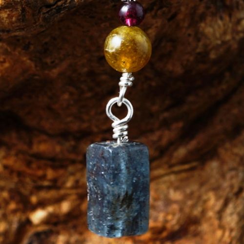 Contemporary sterling silver Red and Green Garnet Blue Kyanite Oblong Asymmetric Dangle Earrings 01