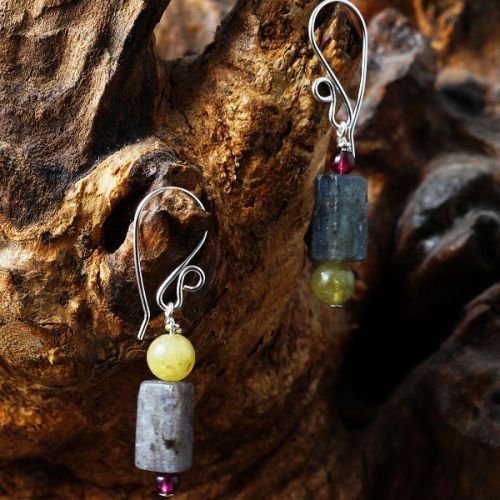 Contemporary sterling silver wire wrapped Red and Green Garnet Blue Kyanite Oblong Asymmetric Earrin