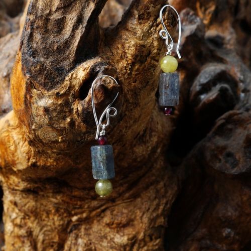 Contemporary sterling silver wire wrapped Red and Green Garnet Blue Kyanite Oblong Asymmetric Earrin