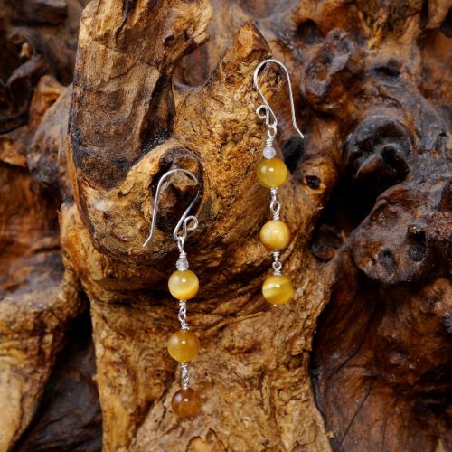 Handmade sterling silver wire wrapped Amethyst Gold Tiger's Eye Dangle Earrings 01