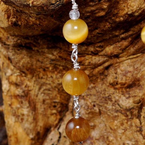 Handmade sterling silver wire wrapped Amethyst Gold Tiger's Eye Dangle Earrings 01 close up