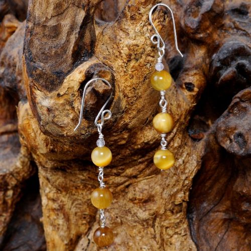 Handmade sterling silver wire wrapped Amethyst Gold Tiger's Eye Dangle Earrings 01