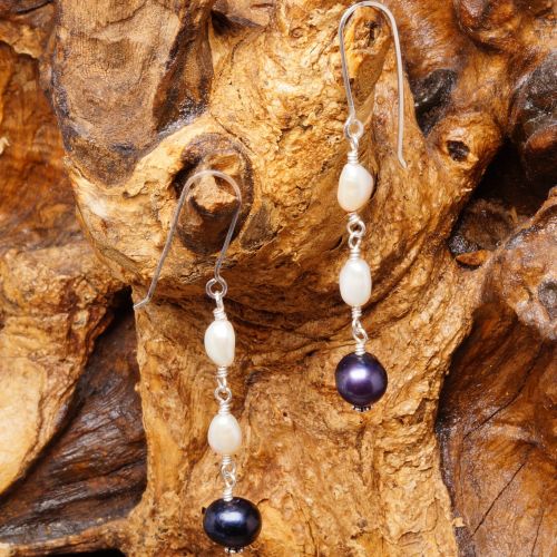Black and White Freshwater Pearl Dangle Earrings 03 Full View