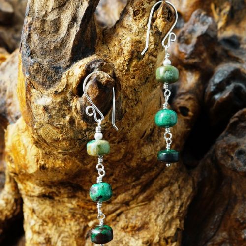 Handmade sterling silver wire wrapped Chrysocolla Dangle Earrings 04 Fullview