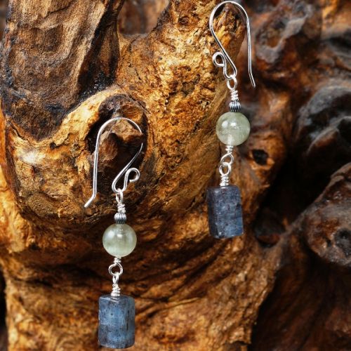 Contemporary handmade recycled sterling silver wire wrapped Green & Blue Kyanite dangle earrings 01