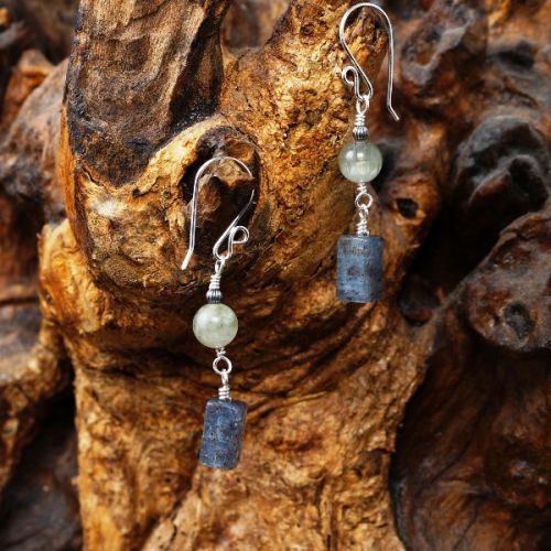 Contemporary handmade recycled sterling silver wire wrapped Green & Blue Kyanite dangle earrings 01
