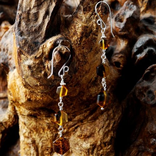 Handmade sterling silver wire wrapped Hexagonal Baltic Amber Dangle Earrings 01 Full View