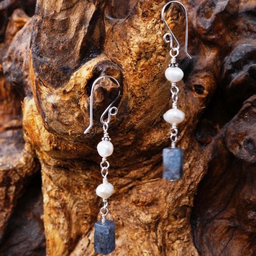 Handcrafted sterling silver wire wrapped Ivory Baroque Pearl and Blue Kyanite dangle earrings 01 Ful