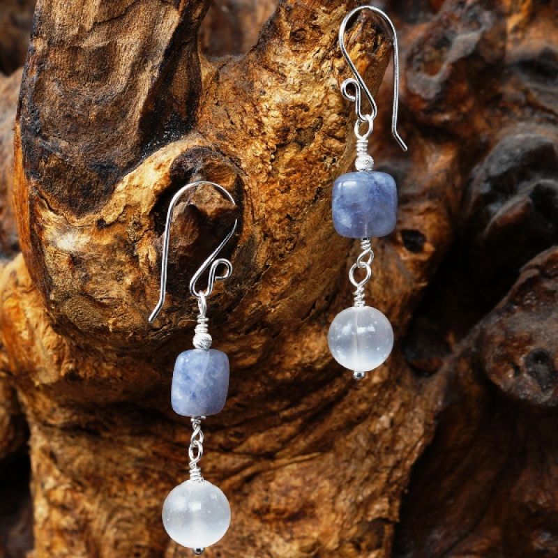 Handmade recycled sterling silver wire wrapped Iolite Selenite dangle earrings 01 full view