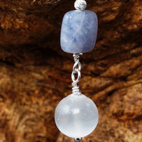Handmade recycled sterling silver wire wrapped Iolite Selenite dangle earrings 01 full view