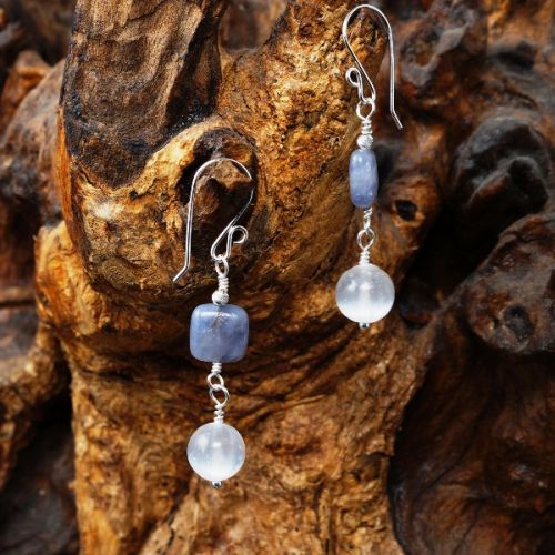 Handmade recycled sterling silver wire wrapped Iolite Selenite dangle earrings 01 full view