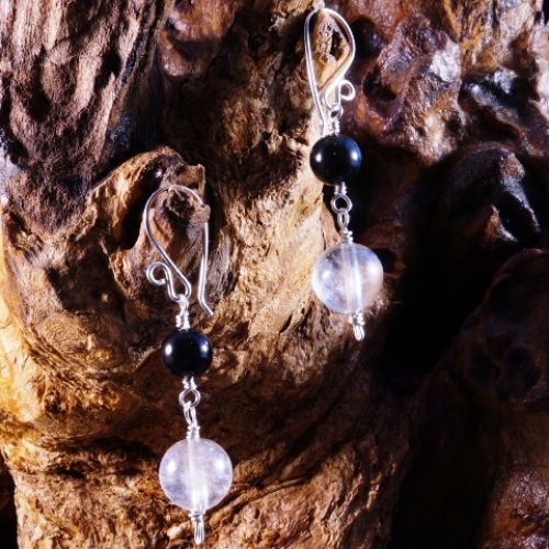 Obsidian Quartz Dangle Earrings 01 Closeup