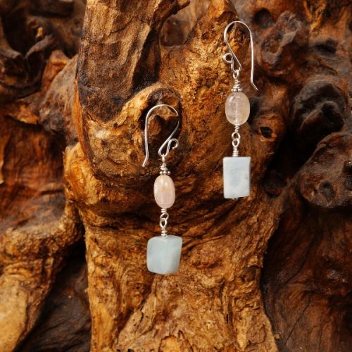 Handmade sterling silver wire wrapped Purple Apatite Aquamarine dangle earrings 01