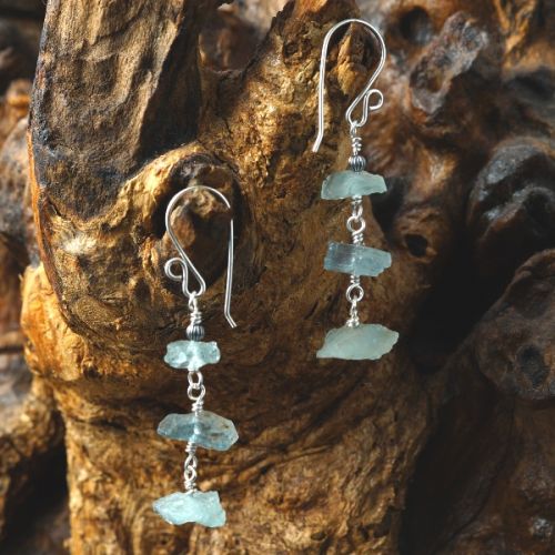 Handmade sterling silver wire wrapped Rough Aquamarine Dangle Earrings 01 