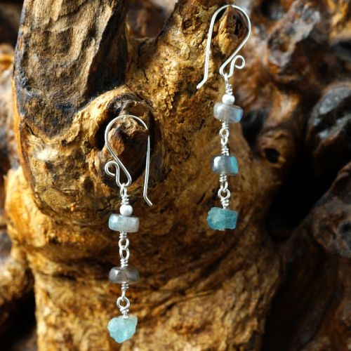 Handmade sterling silver wire wrapped Rough Aquamarine and Labradorite Dangle Earrings 01
