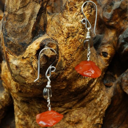 Handcrafted sterling silver wire wrapped Smokey Quartz Carnelian earrings 01 Full View