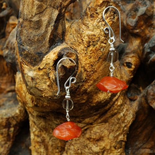 Handcrafted sterling silver wire wrapped Smokey Quartz Carnelian earrings 01 Full View