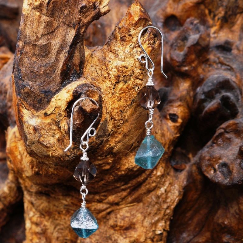 Handmade sterling silver Smokey Quartz Cube Teal Fluorite octahedron asymmetric dangle earrings