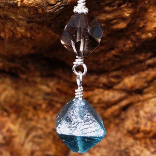 Handmade sterling silver Smokey Quartz Cube Teal Fluorite octahedron asymmetric dangle earrings