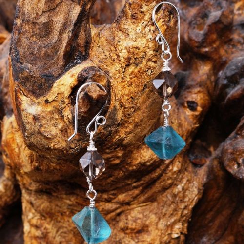 Handmade sterling silver Smokey Quartz Cube Teal Fluorite octahedron asymmetric dangle earrings